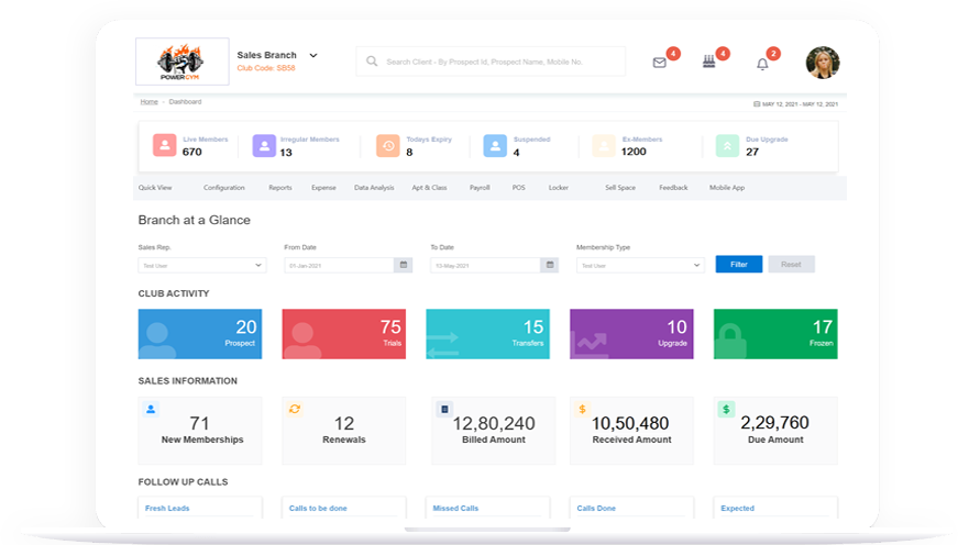 gym management software dashboard